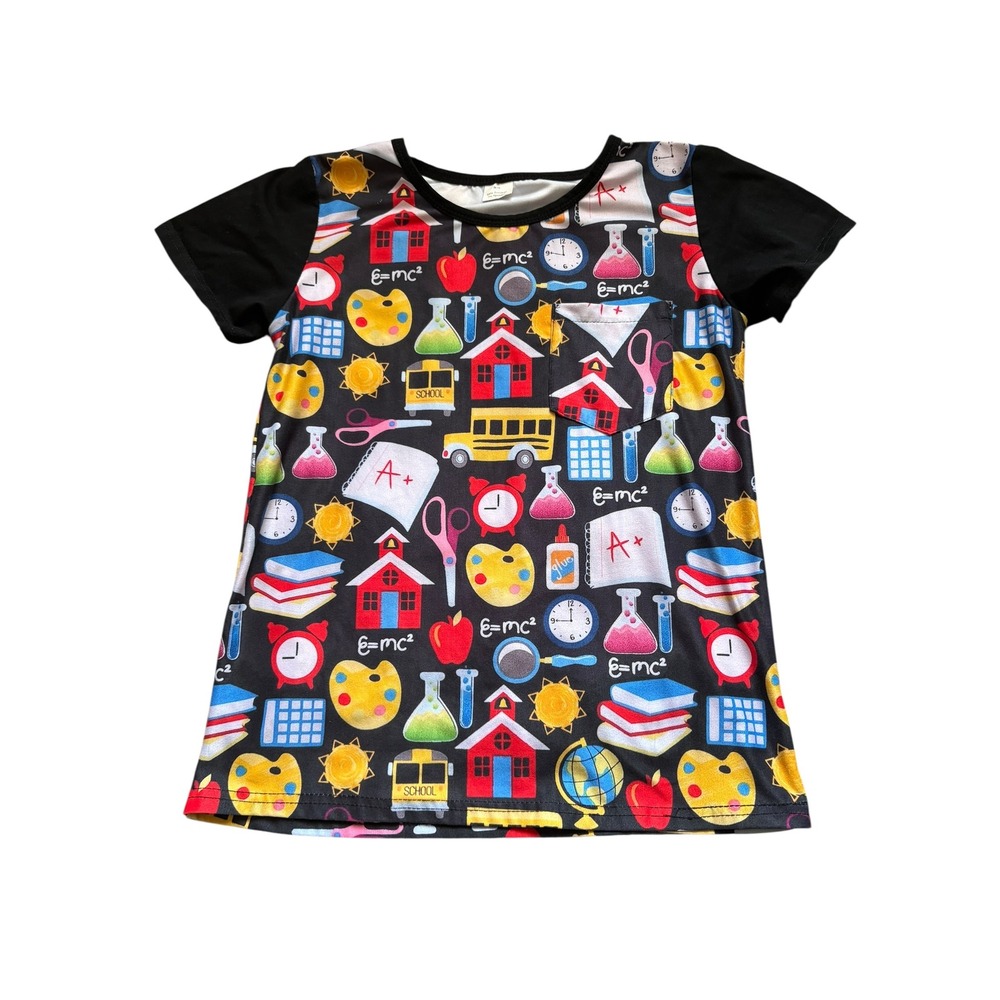 Boutique Boys School Theme Shirt Size 8/9 Black Science Apple Bus Short Sleeve